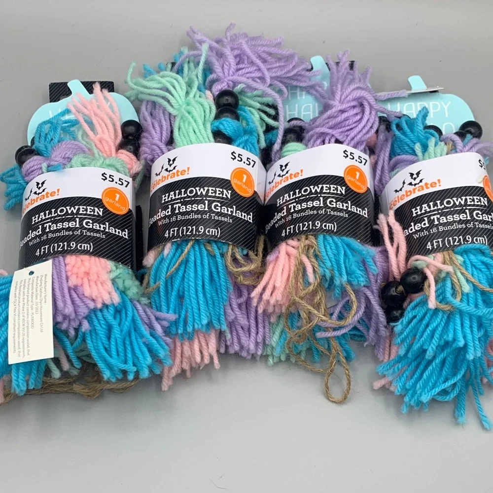 Four Celebrate Halloween Multicolor Beaded 16 Tassel Yarn Garland NWT
